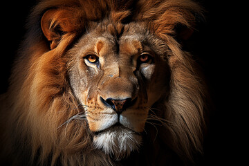 Beautiful adult lion with mane in nature close-up portrait