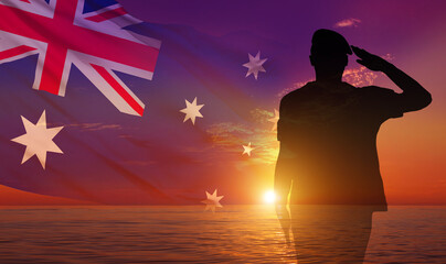 Silhouette of Soldiers with Australian flag on background of sunset. National holidays. 3d illustration