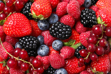 Different fresh ripe berries as background, top view