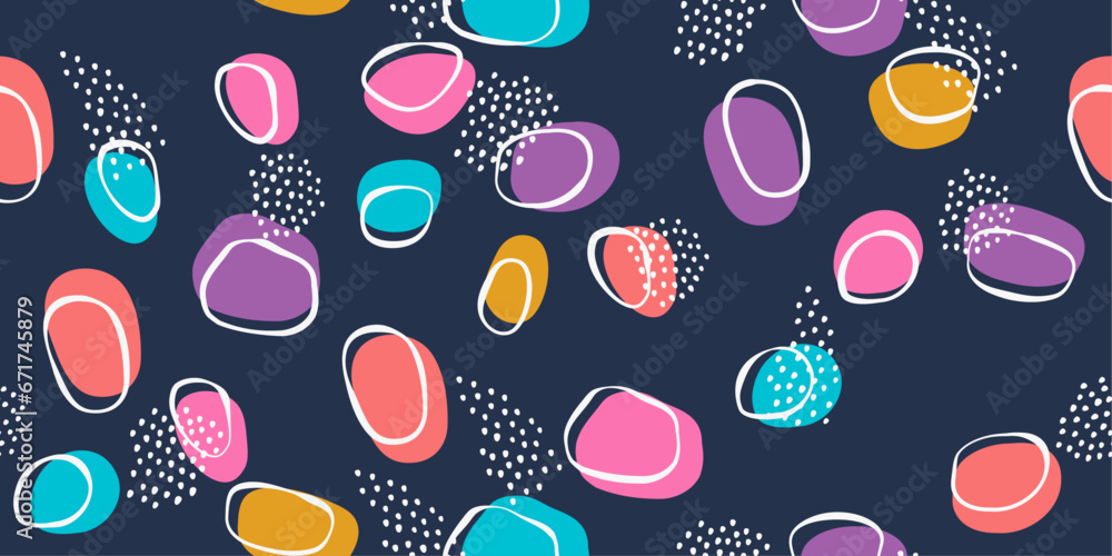Poster Colored shapeless spots on a blue background. Beautiful stylish design pattern with abstract spots. Vector pattern for print, design, notebooks, pillows, textiles.