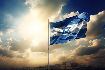 Flag of Israel over the sunset sky. Ai Generative