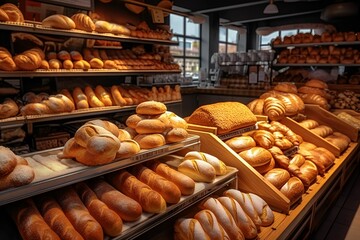AI generated illustration of an assortment of freshly-baked bread and rolls on shelves in a store