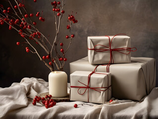Gift boxes wrapped in brown paper and red string with flowers and candle