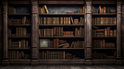 An old, dusty bookcase filled with ancient tomes - obrazy, fototapety, plakaty