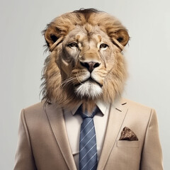 The king of the jungle, dressed in a formal suit and tie, exudes power, elegance, and sophistication. This lion means business AI Generative.