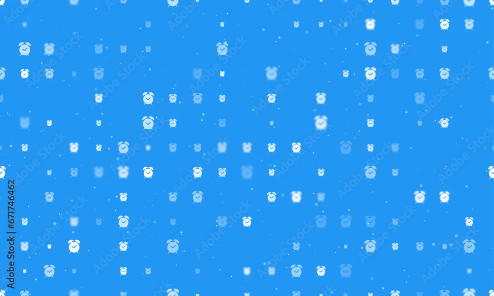 Poster seamless background pattern of evenly spaced white alarm clock symbols of different sizes and opacit