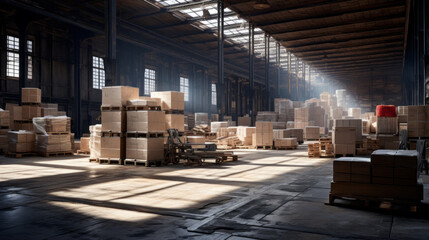 An old, desolate warehouse with broken crates and discarded machinery