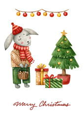 Watercolor Christmas card with cute bunny, gift boxes and Christmas tree isolated on white.