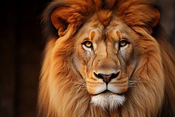 Beautiful adult lion with mane in nature close-up portrait