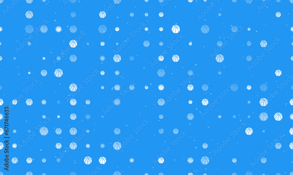 Poster seamless background pattern of evenly spaced white basketball symbols of different sizes and opacity