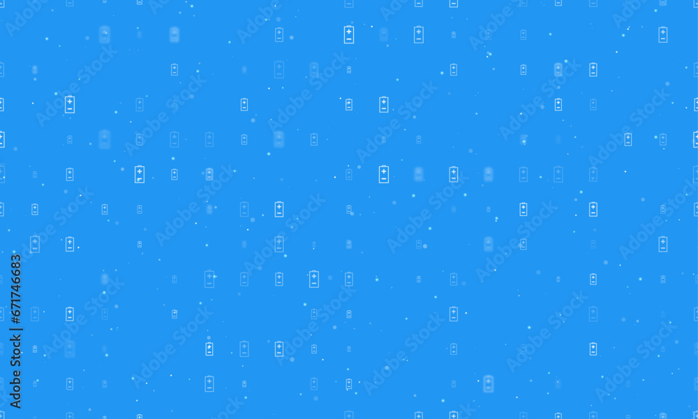Poster seamless background pattern of evenly spaced white battery symbols of different sizes and opacity. v