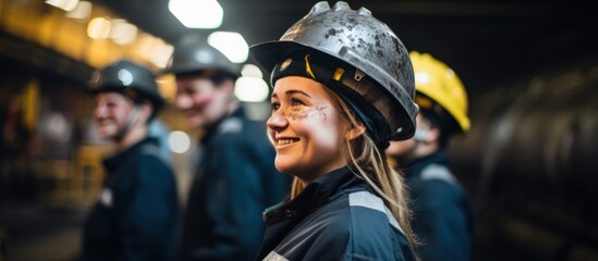Group of Women Coal mining worker in protective helmet - obrazy, fototapety, plakaty