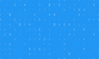Seamless background pattern of evenly spaced white battery symbols of different sizes and opacity. Vector illustration on blue background with stars