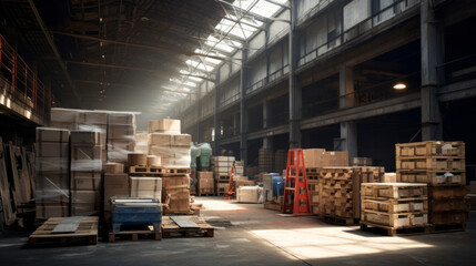 An old, desolate warehouse with broken crates and discarded machinery