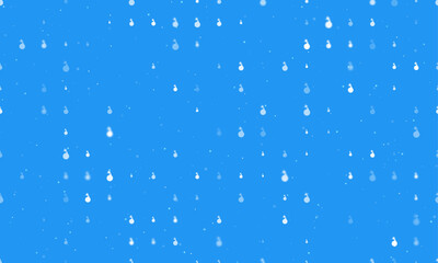 Seamless background pattern of evenly spaced white bomb symbols of different sizes and opacity. Vector illustration on blue background with stars