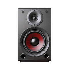 Fototapeta premium a single black audio loudspeaker, front product view, home theatre, isolated on a transparent background. PNG cutout or clipping path.