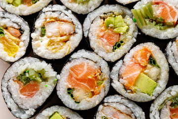 Top view of homemade sushi set.