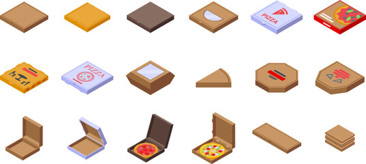 Cardboard pizza box icons set isometric vector. Open empty package. Carton food print - obrazy, fototapety, plakaty