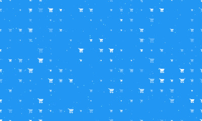 Seamless background pattern of evenly spaced white shopping cart symbols of different sizes and opacity. Vector illustration on blue background with stars