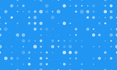 Seamless background pattern of evenly spaced white car wheel symbols of different sizes and opacity. Vector illustration on blue background with stars