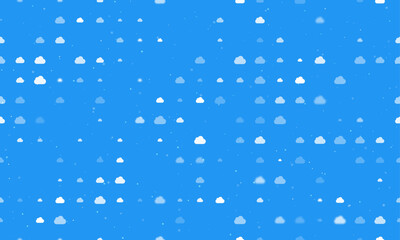 Seamless background pattern of evenly spaced white cloud symbols of different sizes and opacity. Vector illustration on blue background with stars