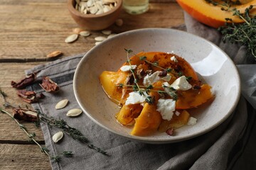 Baked pumpkin slices served with cheese, thyme and pecans on wooden table, closeup
