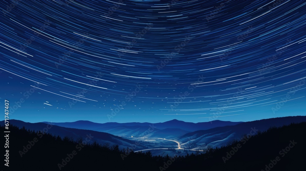 Poster a night view of a mountain range with a star trail in the sky over the mountains and a river running