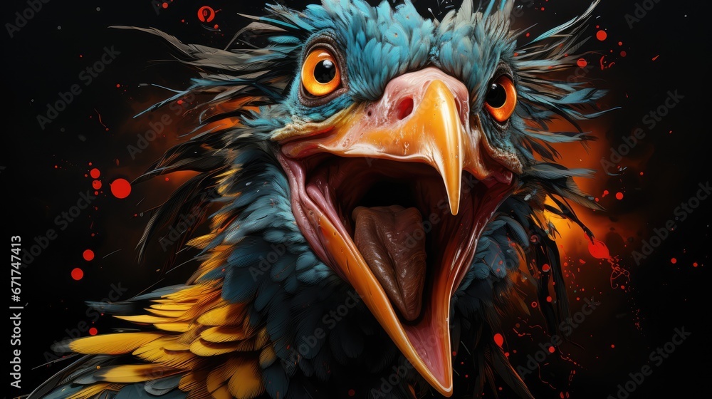 Poster a close up of a bird with it's mouth open and it's mouth wide open with it's mouth wide open. genera