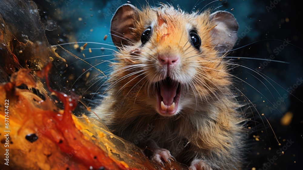 Poster a close up of a rodent with its mouth open and its mouth wide open in front of a fire. generative ai
