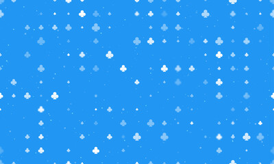 Seamless background pattern of evenly spaced white clubs of different sizes and opacity. Vector illustration on blue background with stars