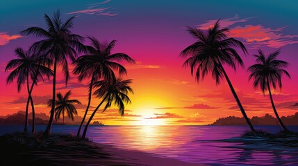 Fototapeta na wymiar a painting of a sunset with palm trees in the foreground and a body of water in the foreground. generative ai