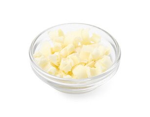 Bowl of tasty chocolate shavings isolated on white