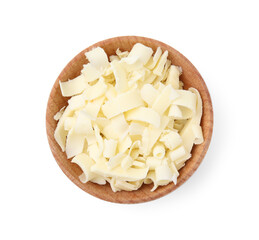 Bowl of tasty chocolate shavings isolated on white, top view