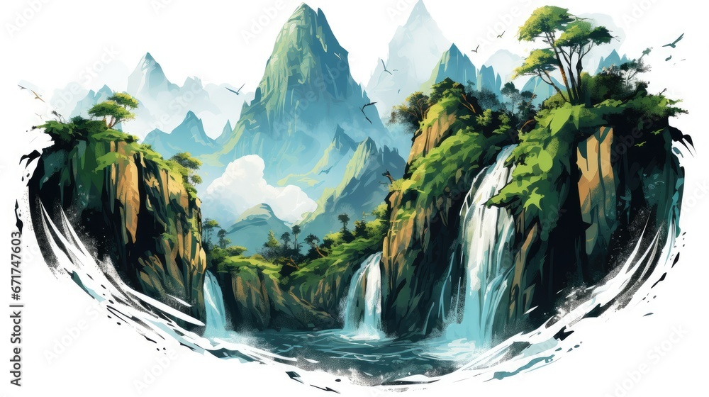 Poster a painting of a waterfall in the middle of a forest with mountains in the background and birds flyin