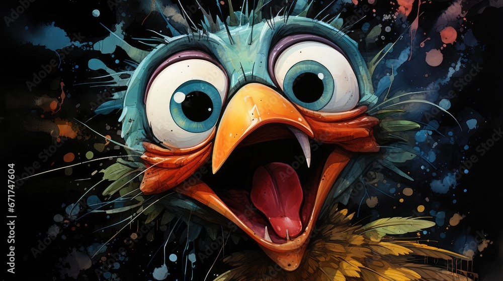 Poster a close up of a bird with its mouth open and eyes wide open, with paint splatters all over it. gener
