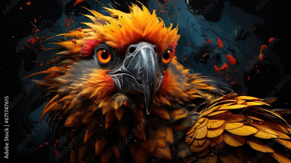 Poster a close up of a bird with orange and yellow feathers on it's head and a black background with splash