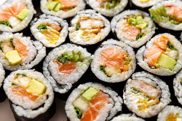 Top view of homemade sushi set.