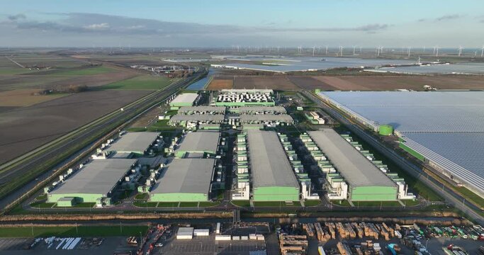 Aerial drone view of a large scale data center in Middenmeer, Hollands Kroon.