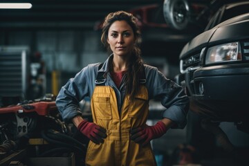 Fototapeta premium A woman auto mechanic in a garage, holding a wrench and working on a car, highlighting her expertise in automotive repair and challenging gender stereotypes in the field.