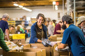 Volunteers of all ages working together at a local food bank, sorting and packing donations for those in need, radiating compassion and teamwork. - obrazy, fototapety, plakaty