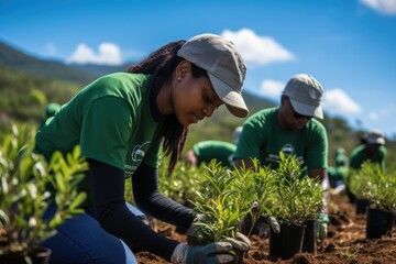 Volunteers planting trees in a reforestation project, working to restore the environment and combat...