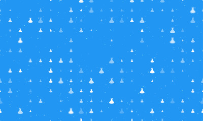 Seamless background pattern of evenly spaced white flared dress symbols of different sizes and opacity. Vector illustration on blue background with stars