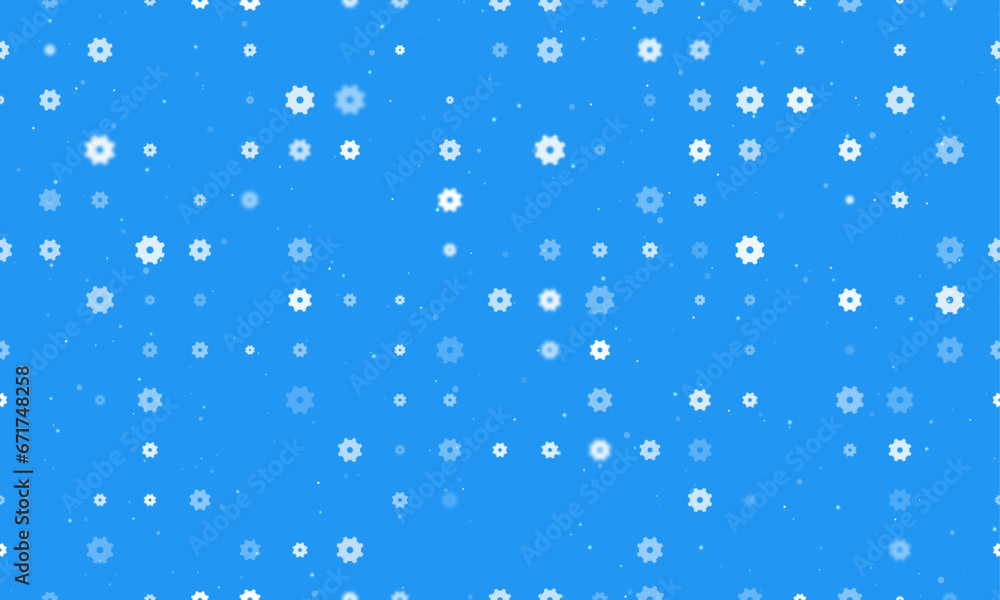 Poster seamless background pattern of evenly spaced white gear symbols of different sizes and opacity. vect