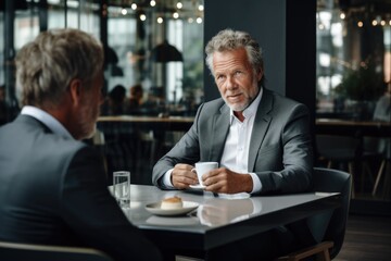 A seasoned, professional businessman engrossed in a lively conversation with a colleague at an upscale café, with a coffee cup on the table, radiating confidence and business acumen.