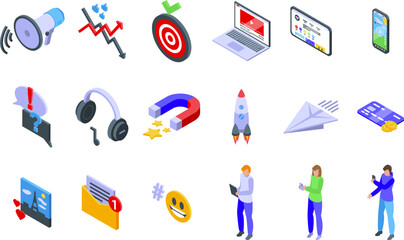 Social media management icons set isometric vector. Agency market content. Digital blog channel