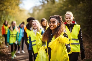 A diverse group of young people and volunteers, sporting bright vests, passionately participating in a community clean-up event, removing litter and plastics from a park.