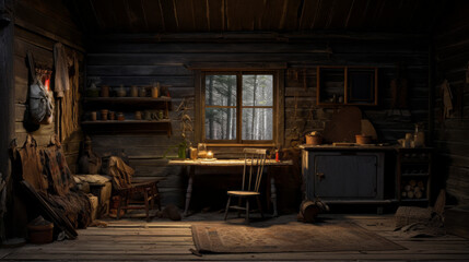 An old, deserted cabin in the woods with broken furniture - obrazy, fototapety, plakaty