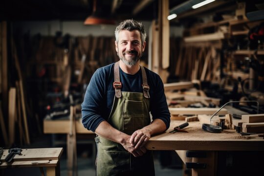 An adept woodworker in a carpentry studio, donning a tool belt, wearing a proud and seasoned look.