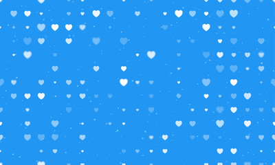 Seamless background pattern of evenly spaced white hearts of different sizes and opacity. Vector illustration on blue background with stars