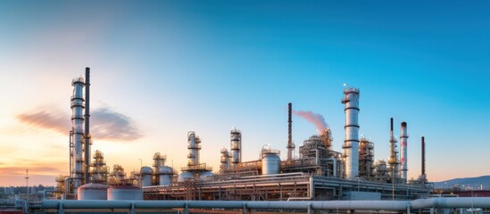 Obraz premium Industrial oil and gas plant at sunset time. Refinery plant. Equipment steel pipes. industrial pipeline and factory